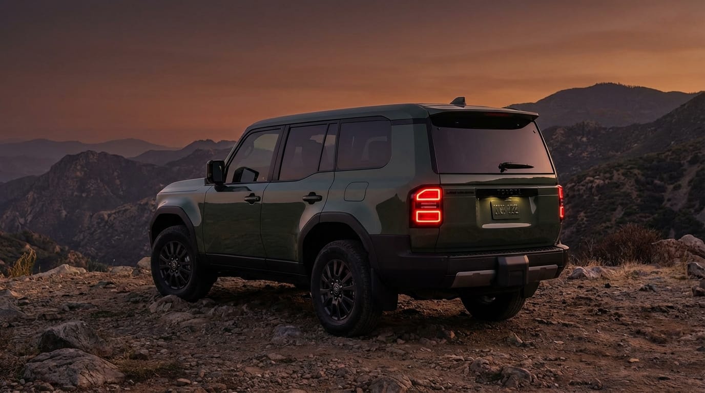 Toyota Land Cruiser 2025 Heritage Edition - Vista trasera en mirador montañoso al atardecer
