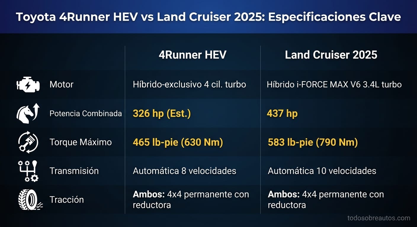 Infografía comparativa de especificaciones técnicas: Toyota 4Runner HEV 2025 vs Land Cruiser 2025