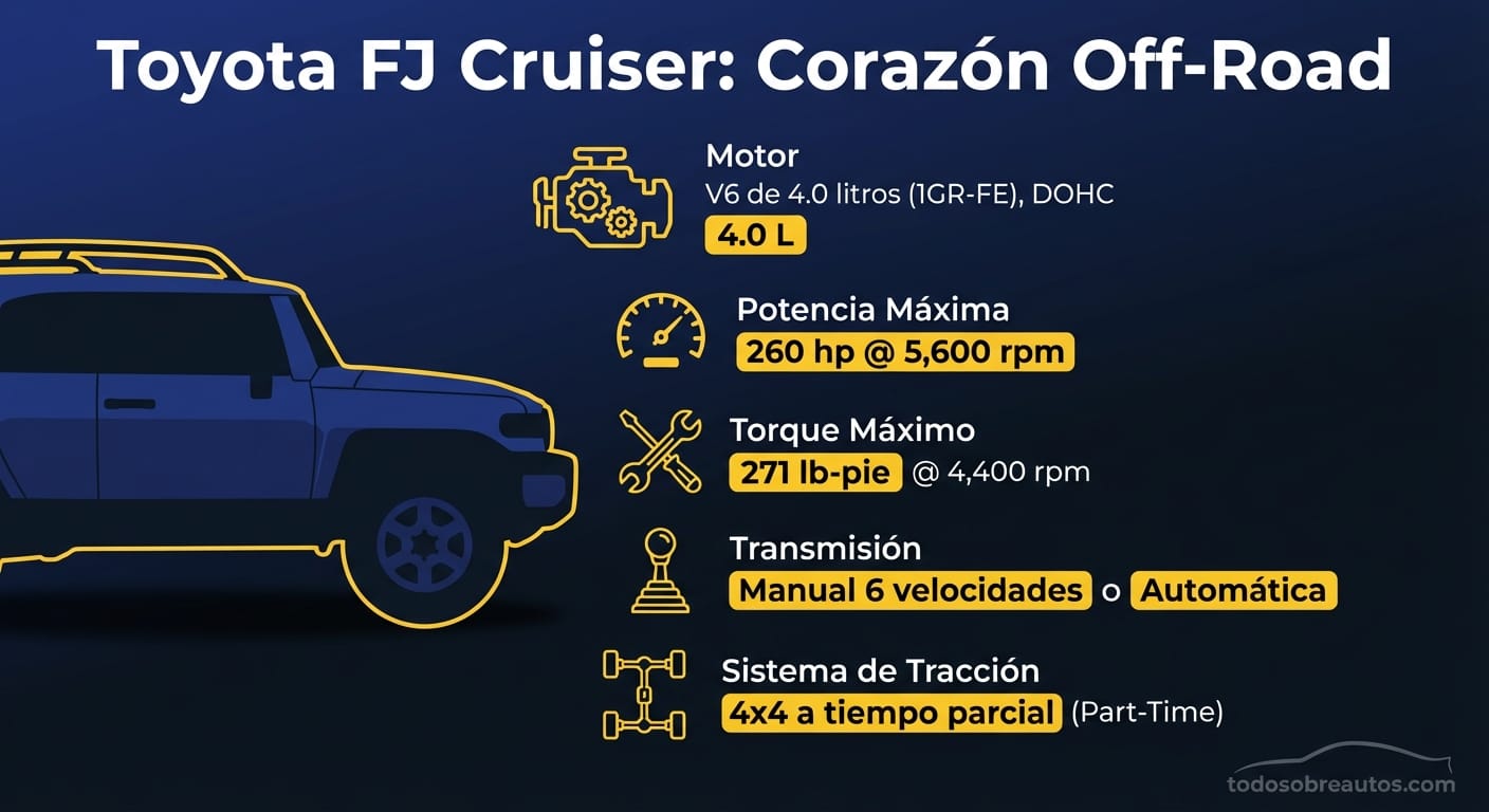 Infografía de especificaciones técnicas del motor Toyota FJ Cruiser