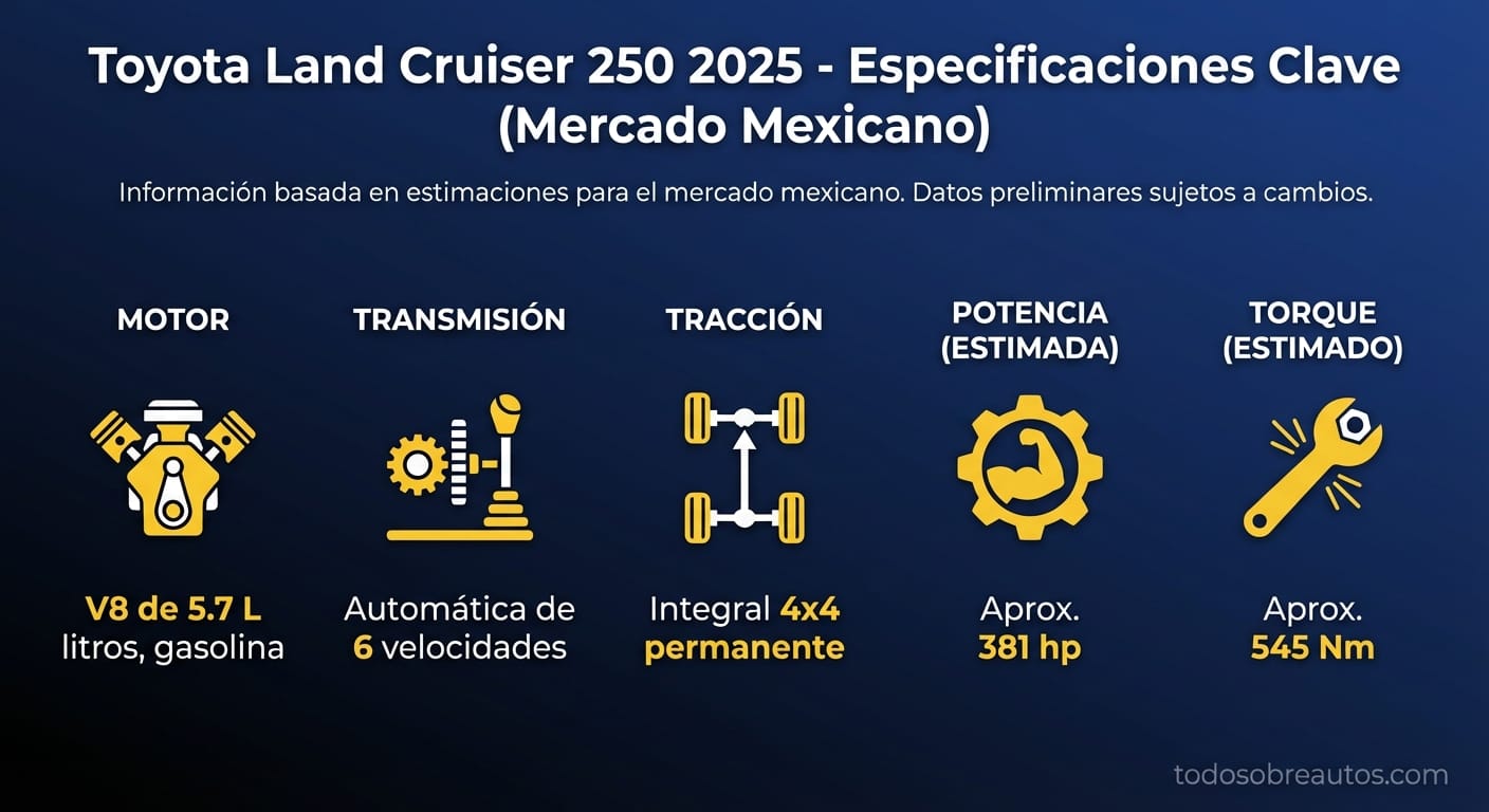 Infografía de especificaciones técnicas del Toyota Land Cruiser 250 2025