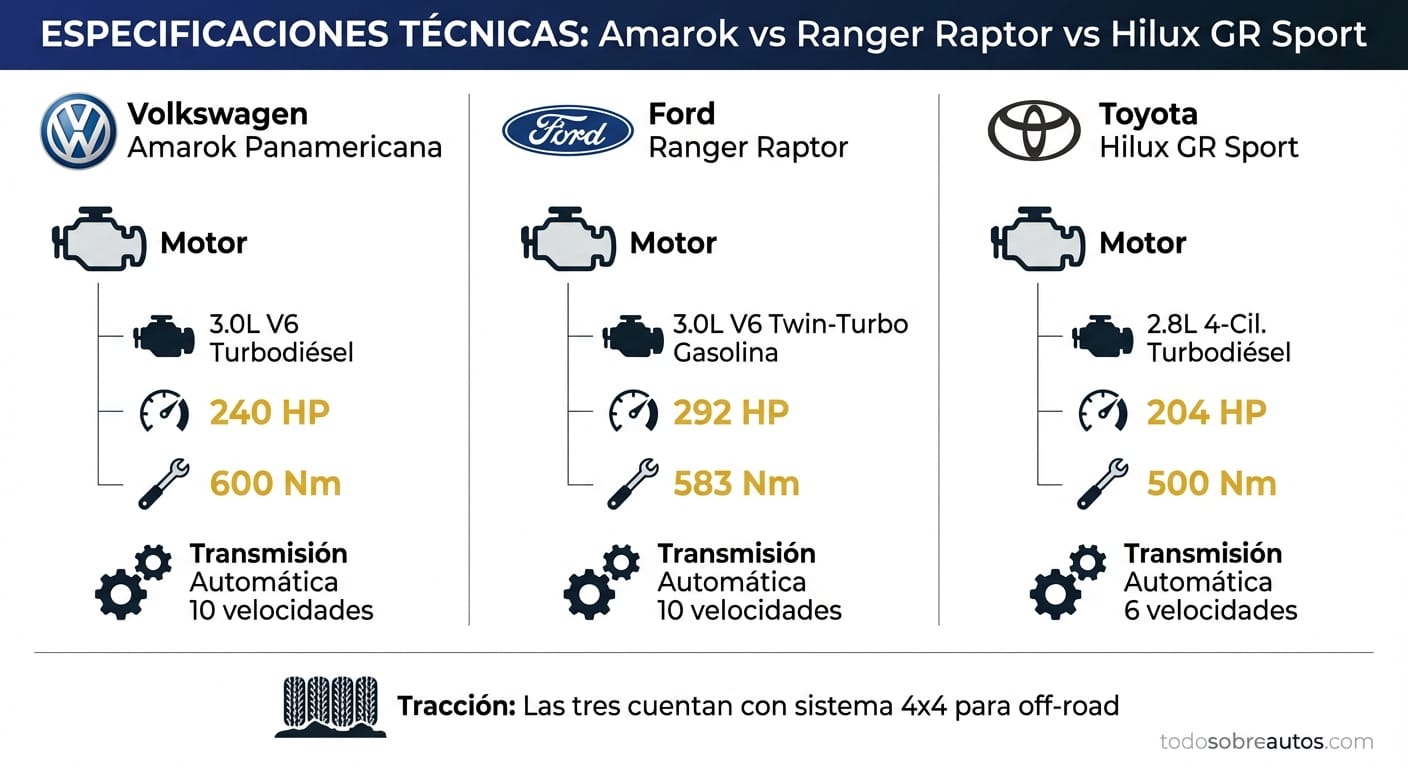 Infografía comparativa de especificaciones técnicas: Volkswagen Amarok vs Ford Ranger Raptor vs Toyota Hilux GR Sport