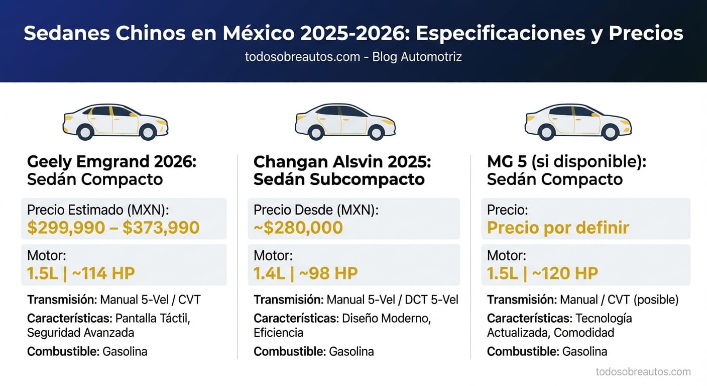 Infografía comparativa de especificaciones y precios de sedanes chinos en México