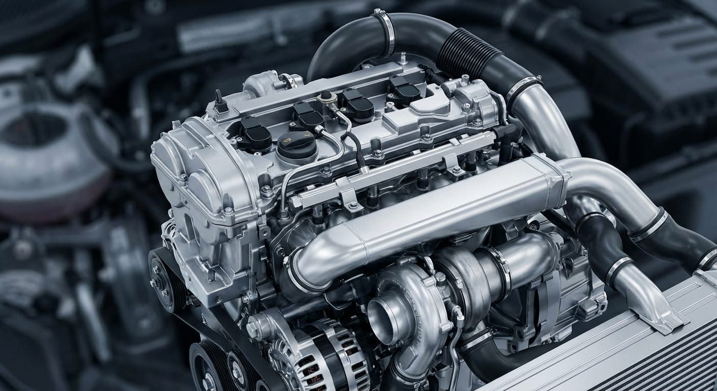 Motor 2.0L TSI turbo de 4 cilindros del VW Cross Sport 2026, mostrando detalles técnicos.