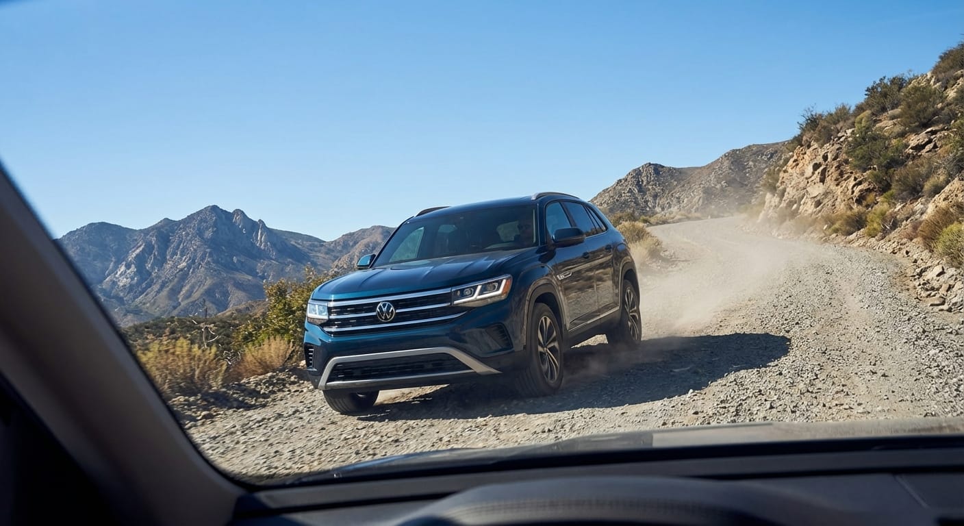 VW Cross Sport 2026 subiendo una pendiente pronunciada en carretera de montaña, prueba de rendimiento en altura.
