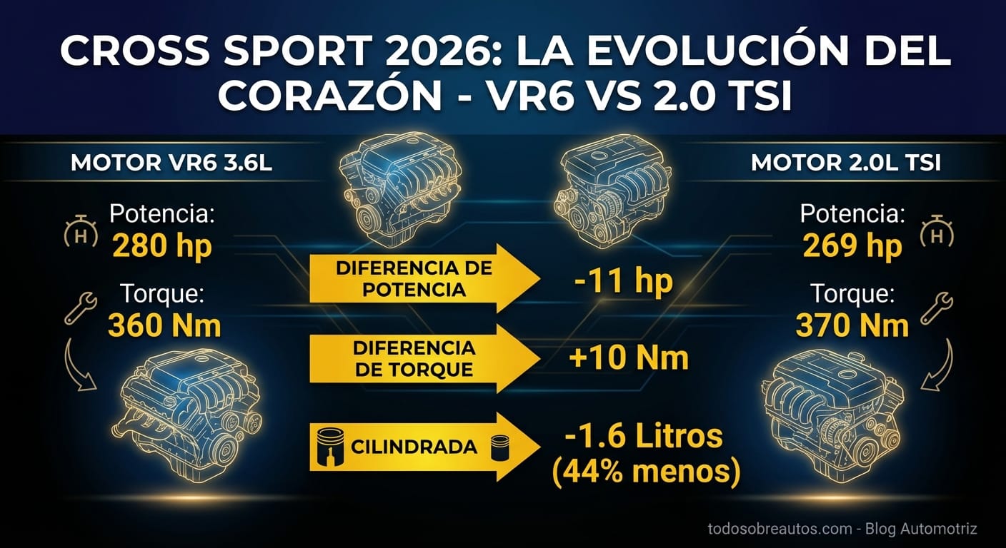 Infografía: Cross Sport 2026: La Evolución del Corazón - VR6 vs 2.0 TSI