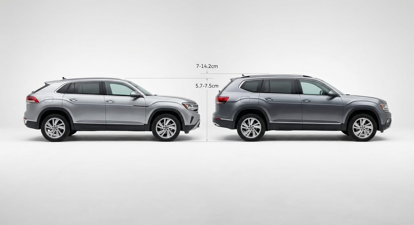 Vista lateral comparativa mostrando las diferencias de dimensiones entre el VW Cross Sport y VW Teramont 2026