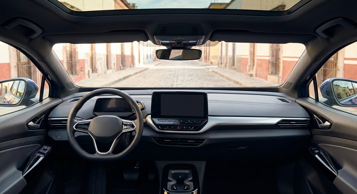 Vista del interior del Volkswagen ID.4 mostrando su tablero familiar con botones hápticos y cuadro de instrumentos digital, ejemplificando la 'Tiguanización' o filosofía de usabilidad.