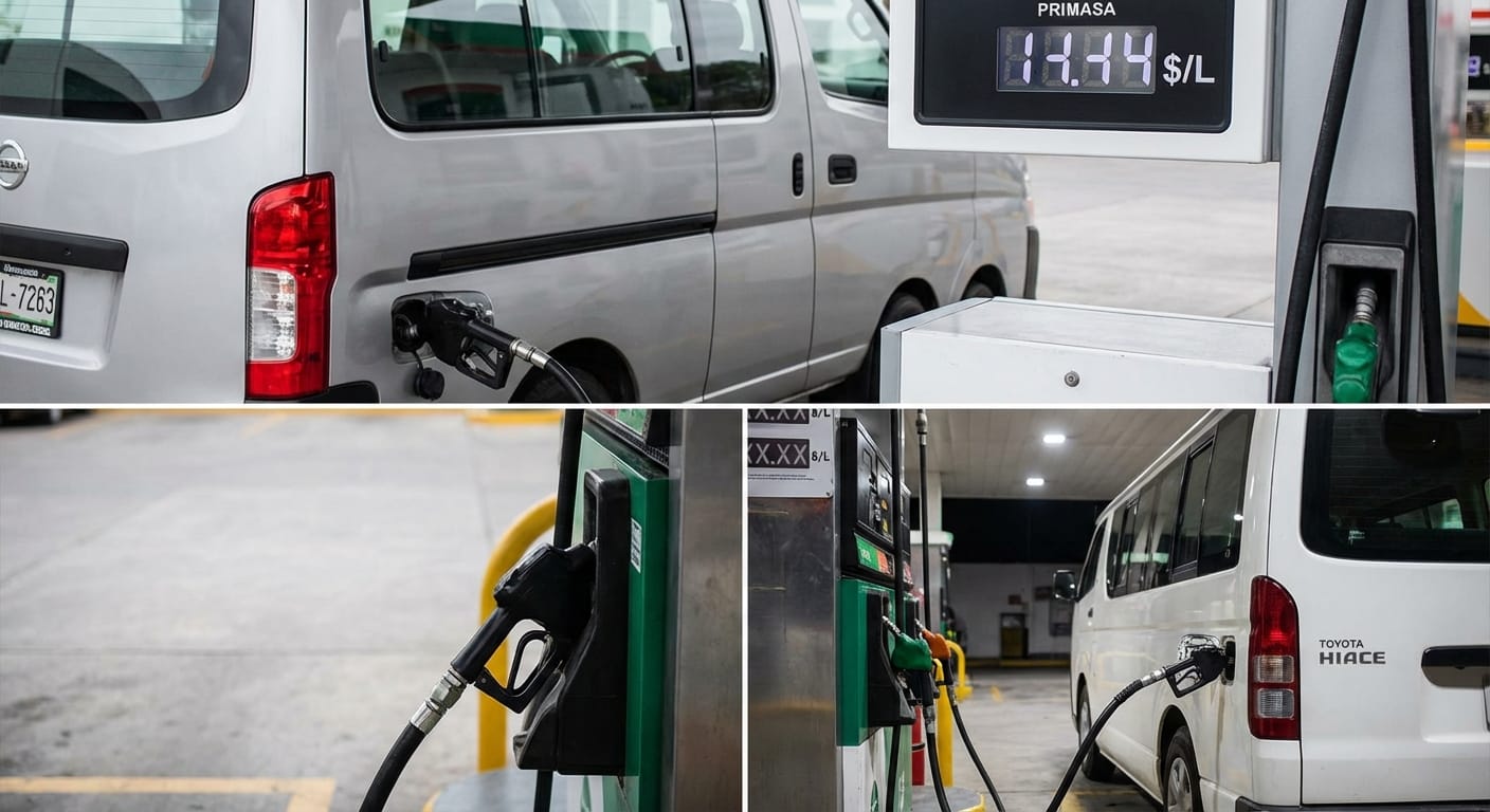 Ilustración comparativa del costo de reabastecimiento de combustible: gasolina para la Urvan 2026 vs. diésel para la Hiace 2026 en el contexto mexicano.