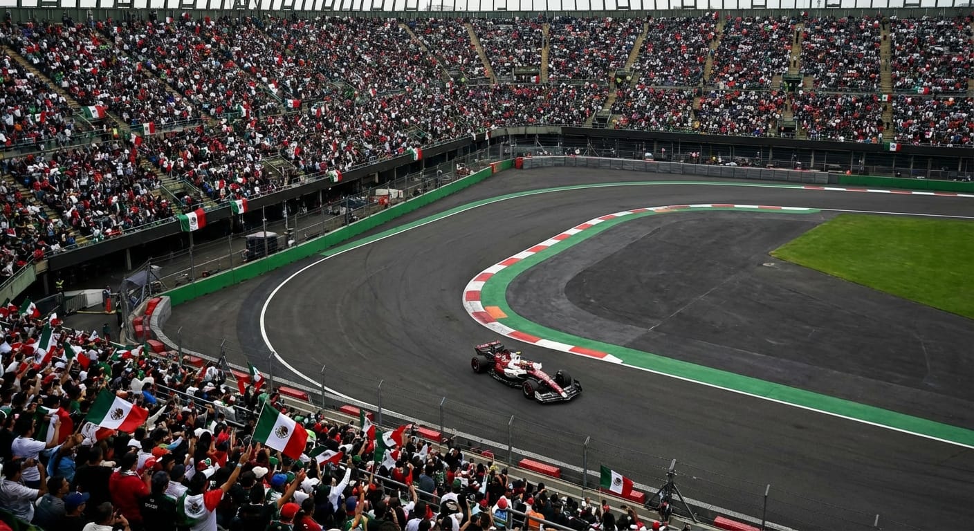 Vista aérea del Autódromo Hermanos Rodríguez lleno de aficionados mexicanos durante un Gran Premio
