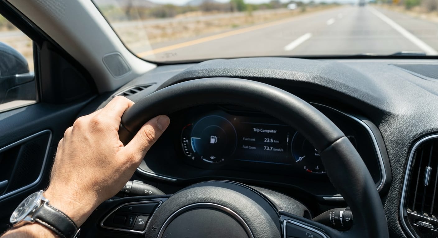 Panel de instrumentos de auto mostrando medidor de gasolina y consumo de combustible en carretera