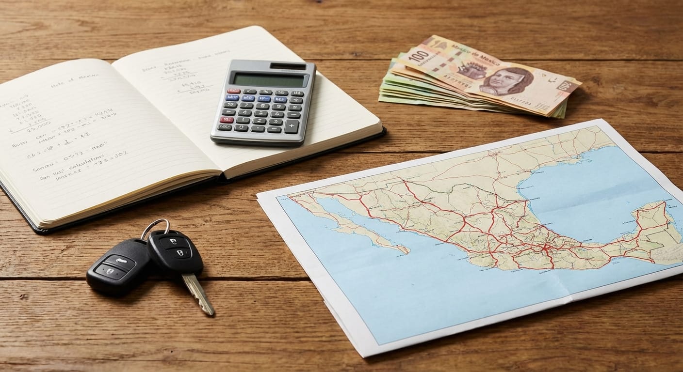 Concepto de planeación de presupuesto para viaje por carretera con calculadora, dinero y mapa de México