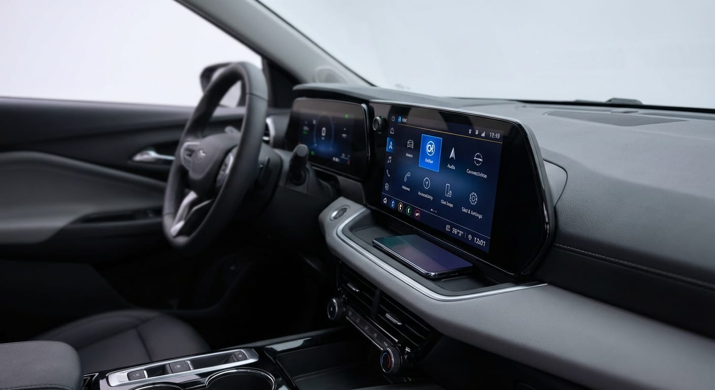 Interior del Chevrolet Onix 2026 mostrando pantalla con sistema OnStar y comparación con smartphone