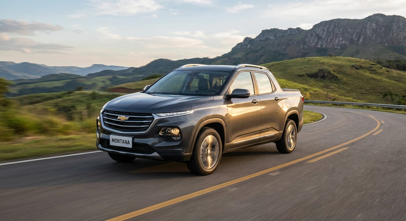 Chevrolet Montana 2026 con motor 1.2L Turbo en manejo dinámico por carretera sinuosa, demostrando sus capacidades de desempeño