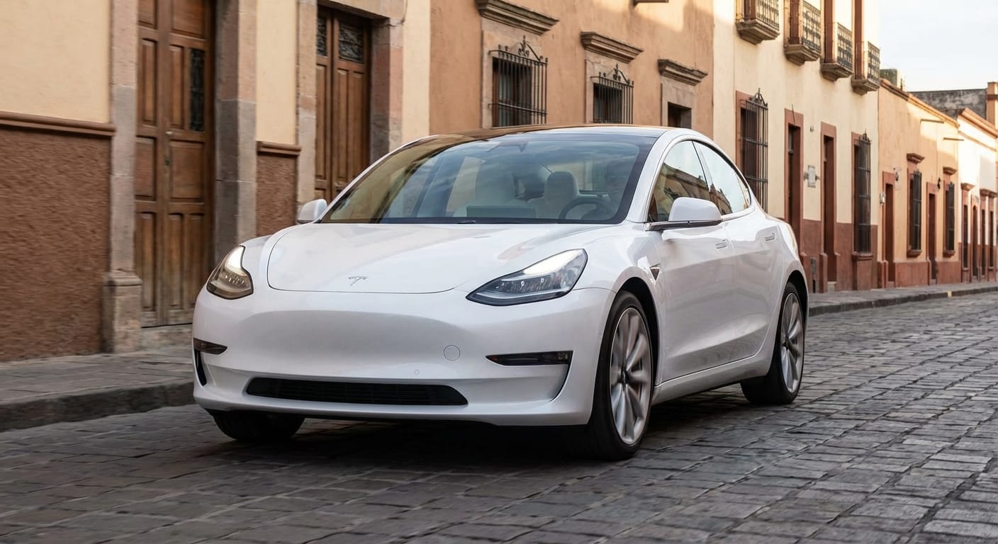 Tesla Model 3 blanco circulando sobre una calle empedrada en una ciudad colonial de México