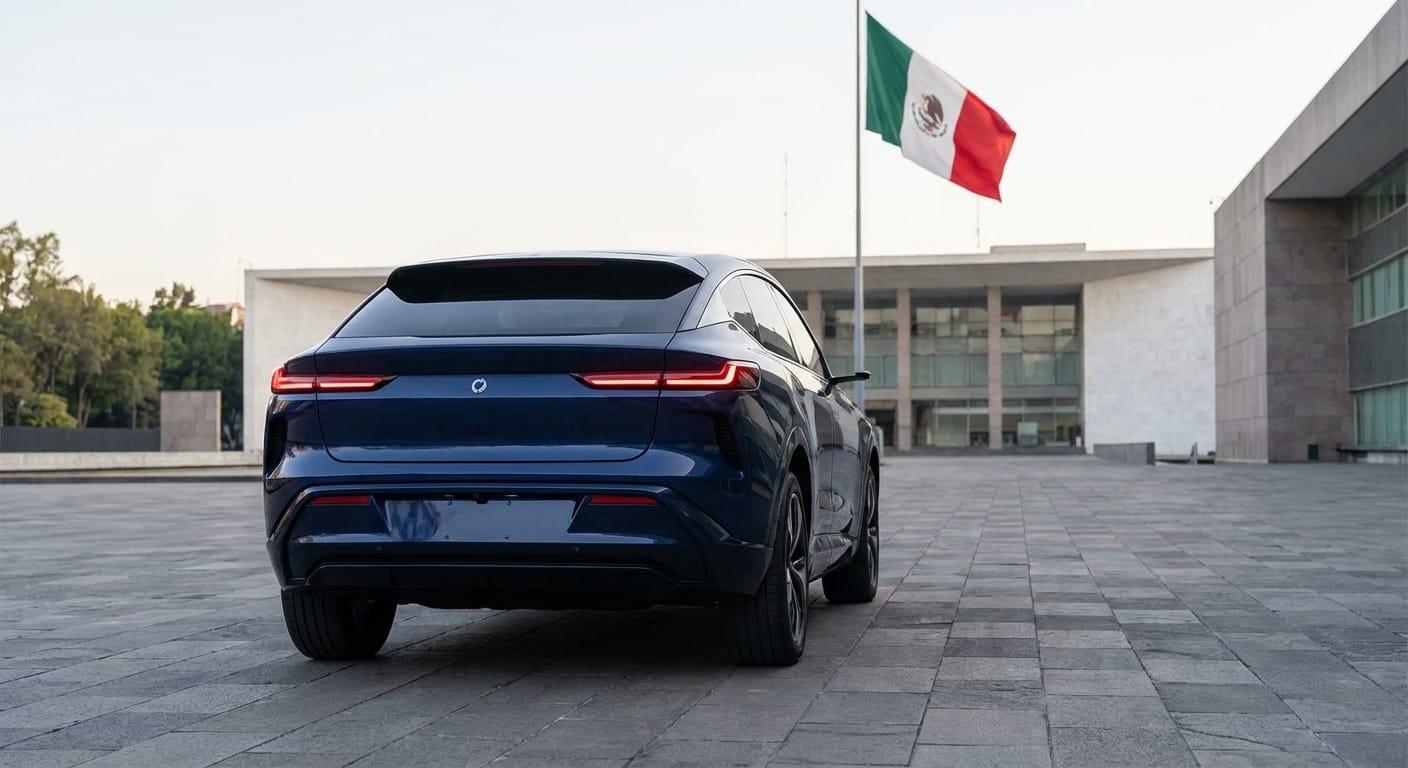 Prototipo del vehículo eléctrico Olinia azul oscuro estacionado frente a edificio gubernamental en Ciudad de México