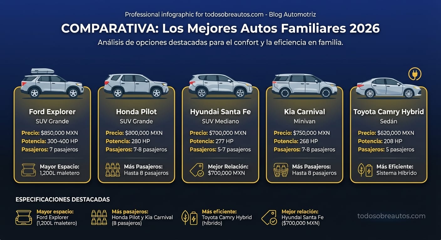 Infografía comparativa de Los Mejores Autos para Viajar en Familia 2026