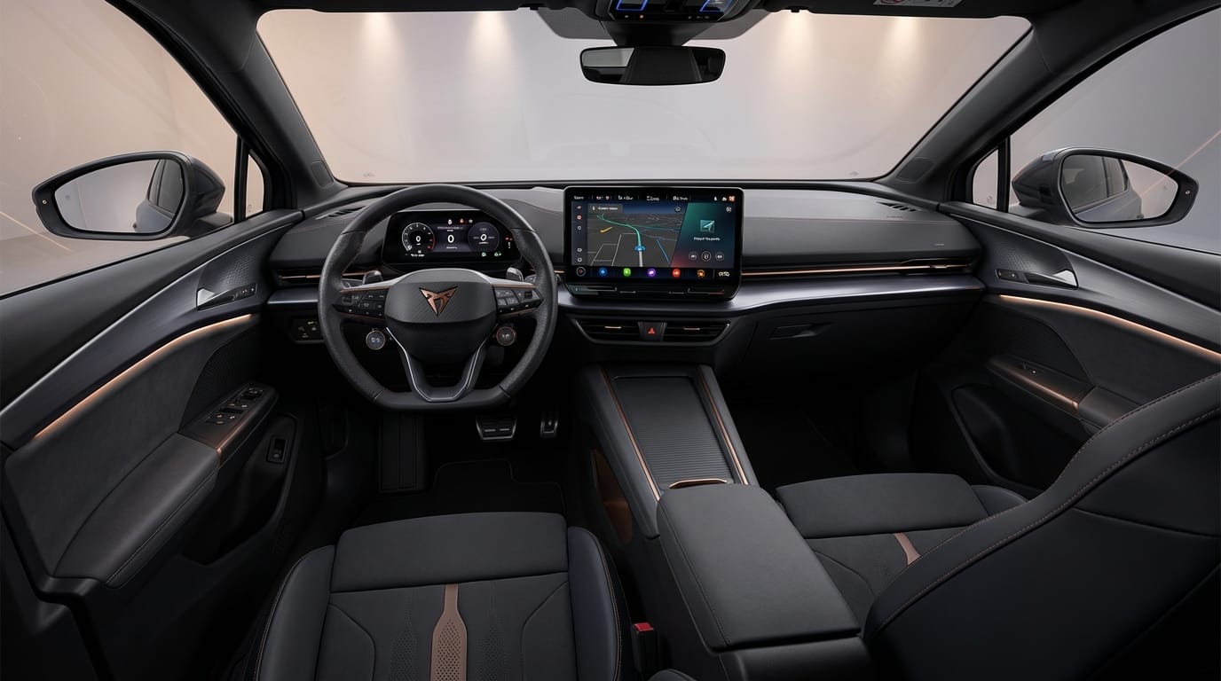 Interior moderno y tecnológico del Cupra Tavascán, vista desde el asiento del conductor