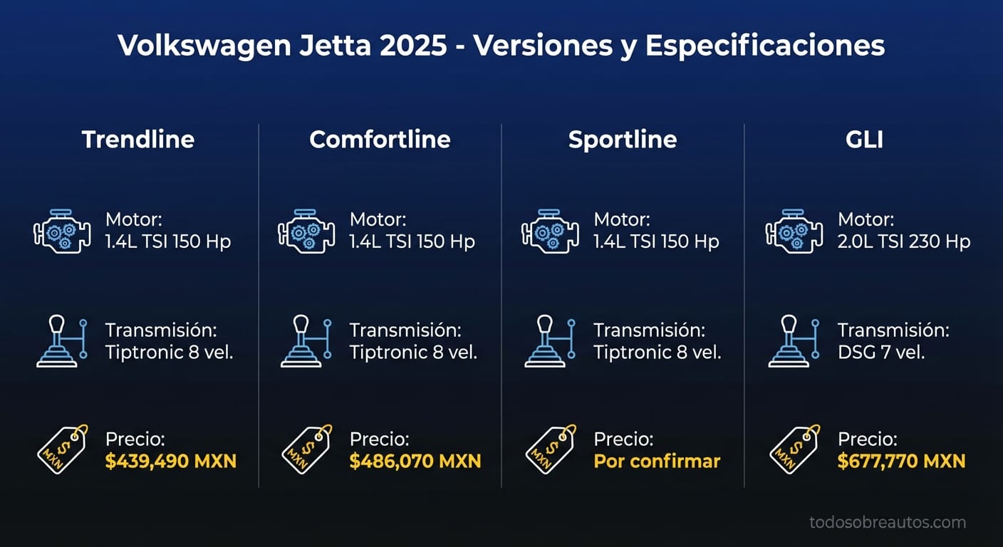 Infografía comparativa de versiones y especificaciones del Volkswagen Jetta 2025