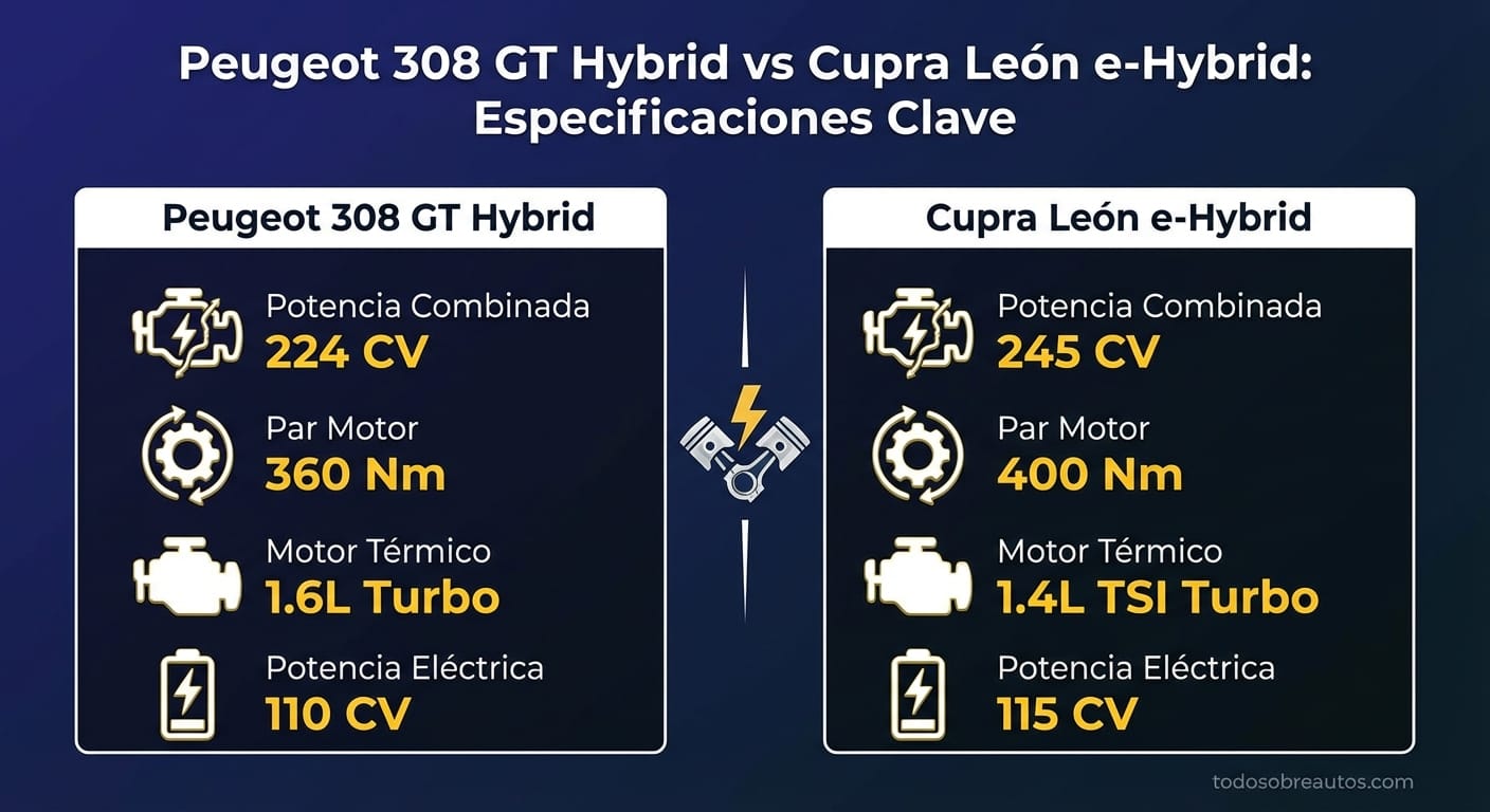 Infografía comparativa de especificaciones técnicas: Peugeot 308 GT Hybrid vs Cupra León e-Hybrid