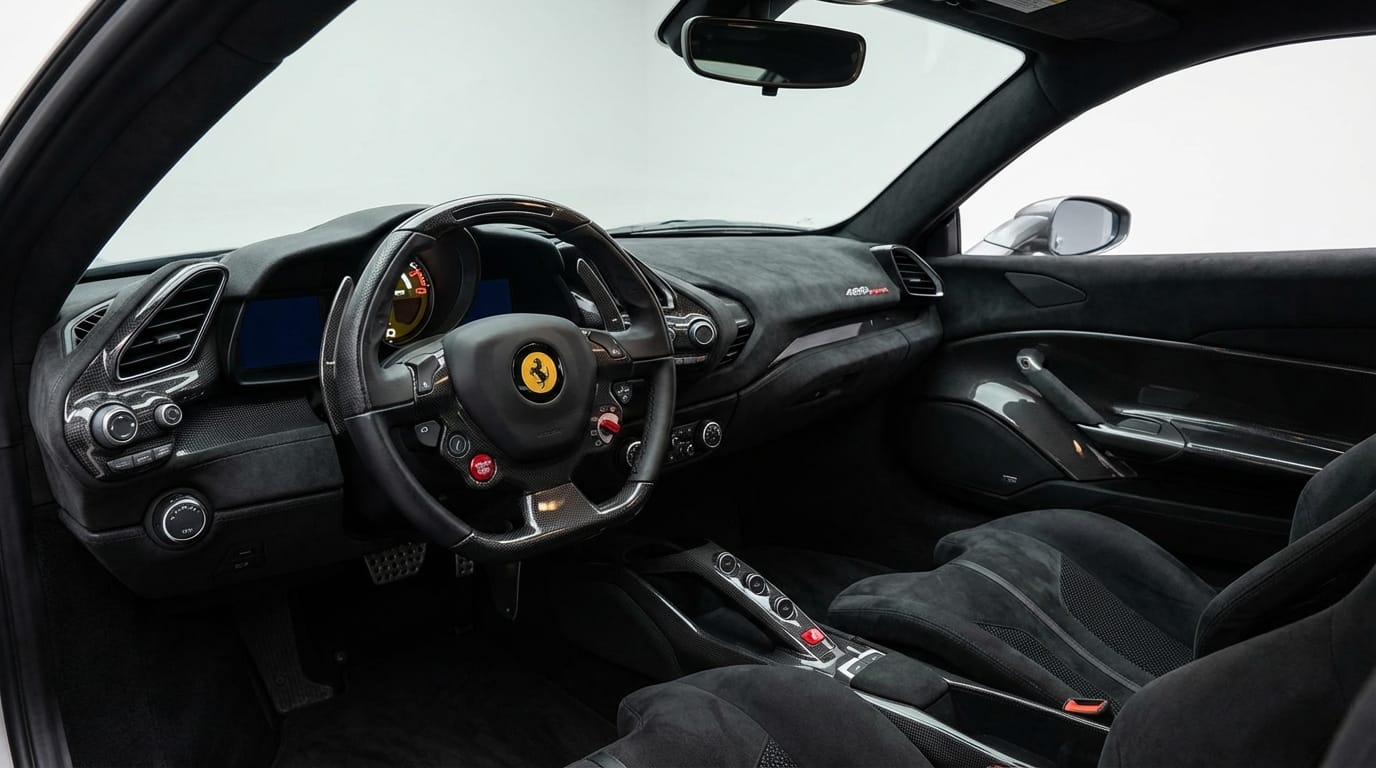 Ferrari 488 Pista Coupe 2020 - Vista del interior y volante con controles