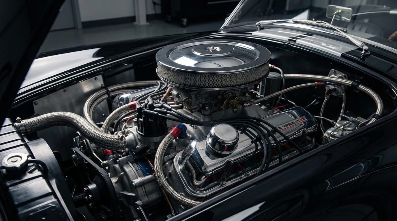 Shelby Cobra 289 1964 - Detalle del motor Ford 289 V8 en el compartimento