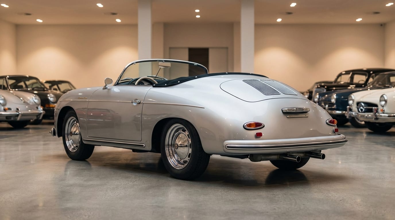 Vista trasera y perfil del Porsche 356 Carrera 1500 GS Speedster 1957 en ambiente de coleccionista