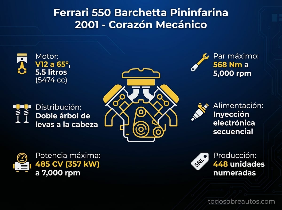 Infografía de especificaciones técnicas del Ferrari 550 Barchetta Pininfarina 2001