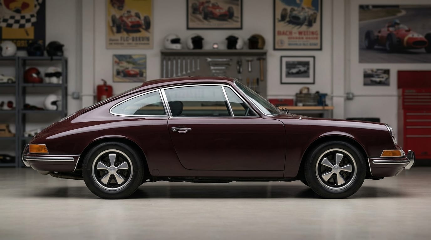 Porsche 911 T/R 1968 - Perfil lateral mostrando su icónica silueta y llantas Fuchs