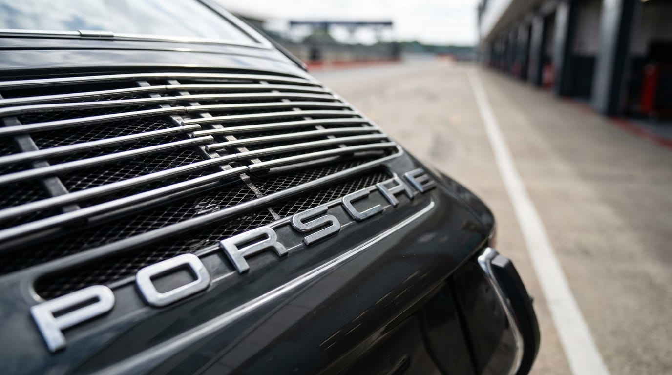 Porsche 911 T/R 1968 - Detalle de la parrilla trasera del motor y el logotipo