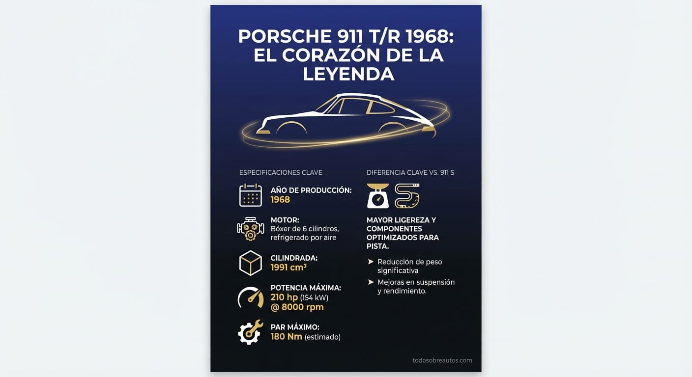 Infografía de especificaciones técnicas del Porsche 911 T/R 1968