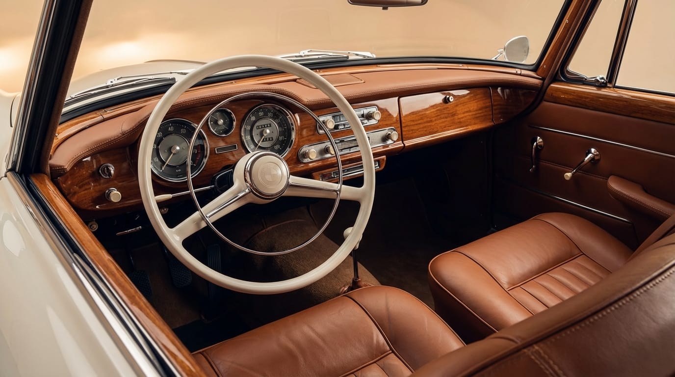 BMW 503 Serie II Coupé 1958 - Detalle del interior clásico con tablero y volante
