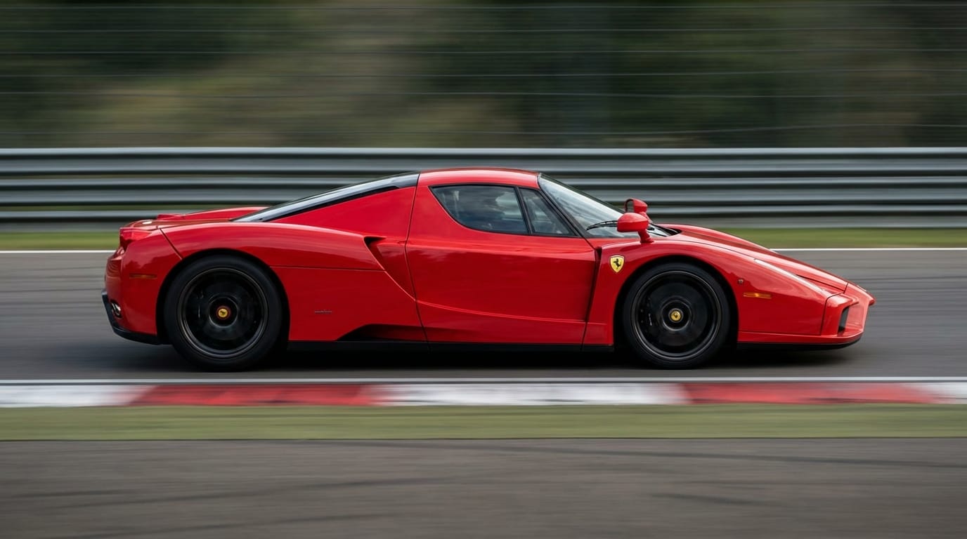 Ferrari Enzo Pininfarina - Perfil lateral en movimiento en circuito de carreras