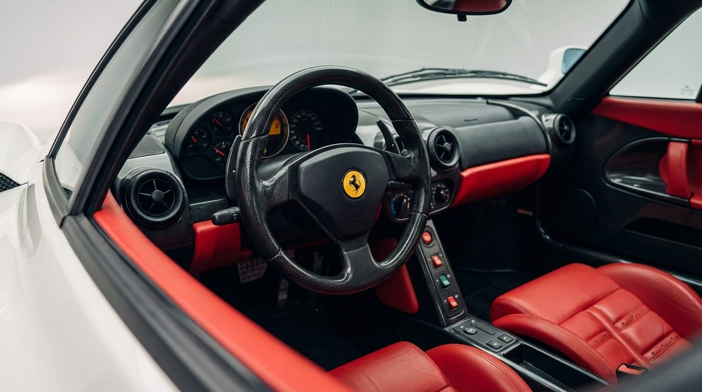 Ferrari Enzo Pininfarina - Interior de la cabina con volante de fibra de carbono y asientos rojos