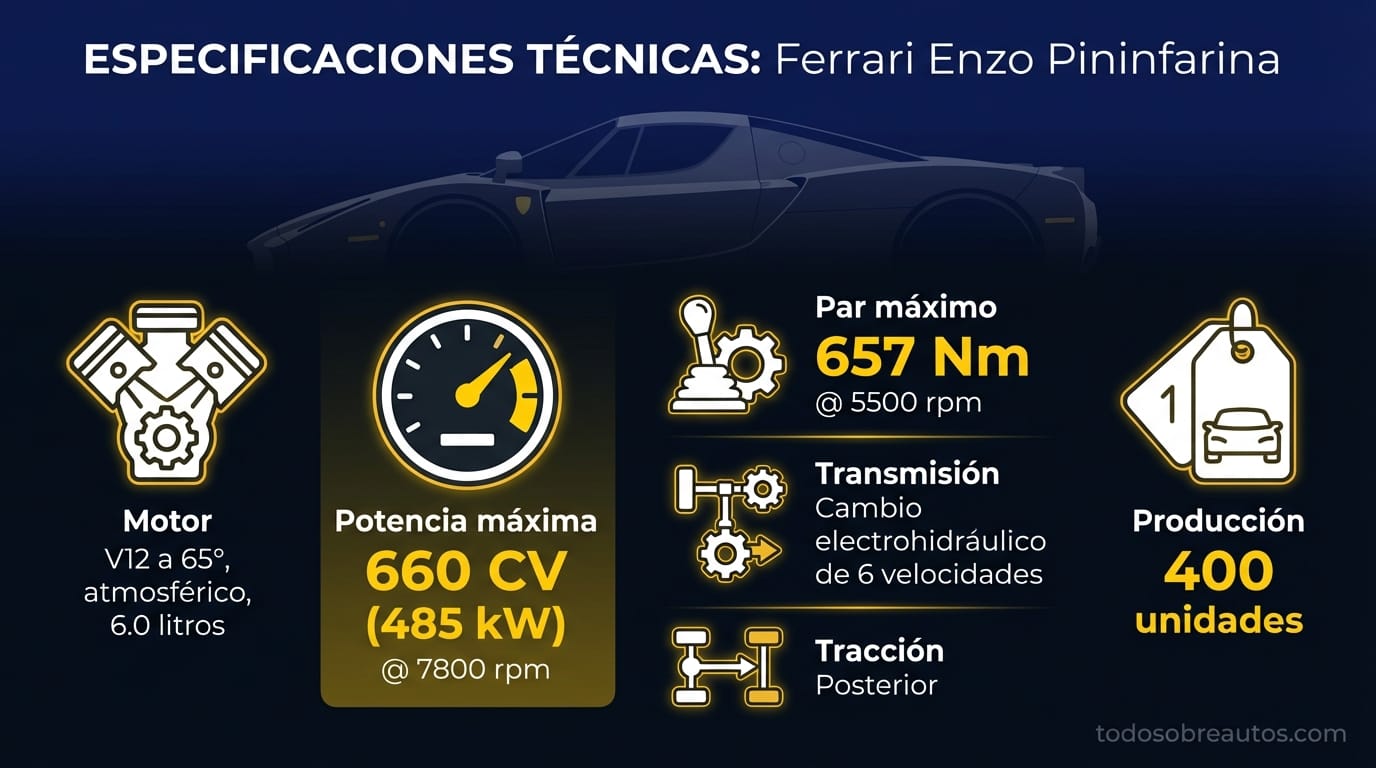 Infografía de especificaciones técnicas del Ferrari Enzo Pininfarina