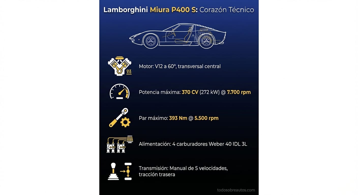 Infografía de especificaciones técnicas del Lamborghini Miura P400 S by Bertone