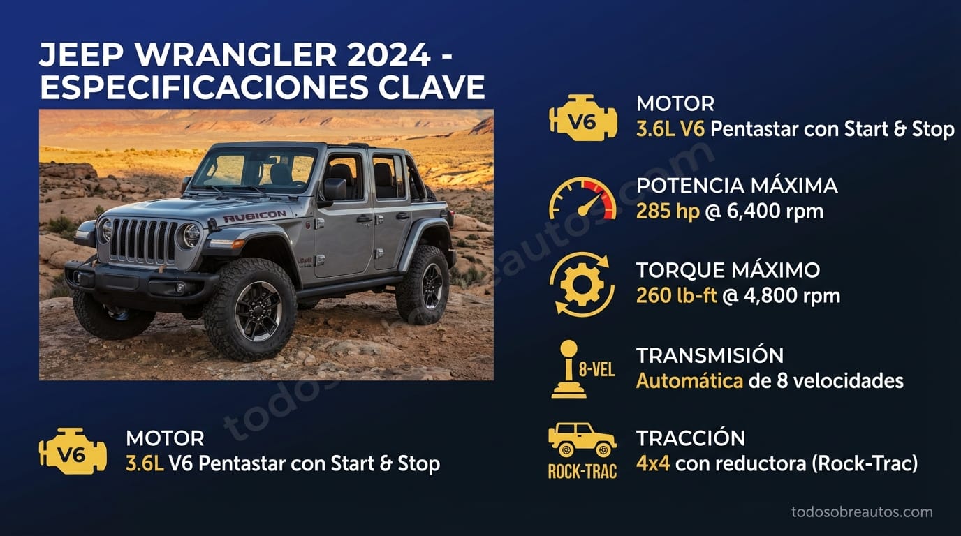 Infografía de especificaciones técnicas del Jeep Wrangler 2024