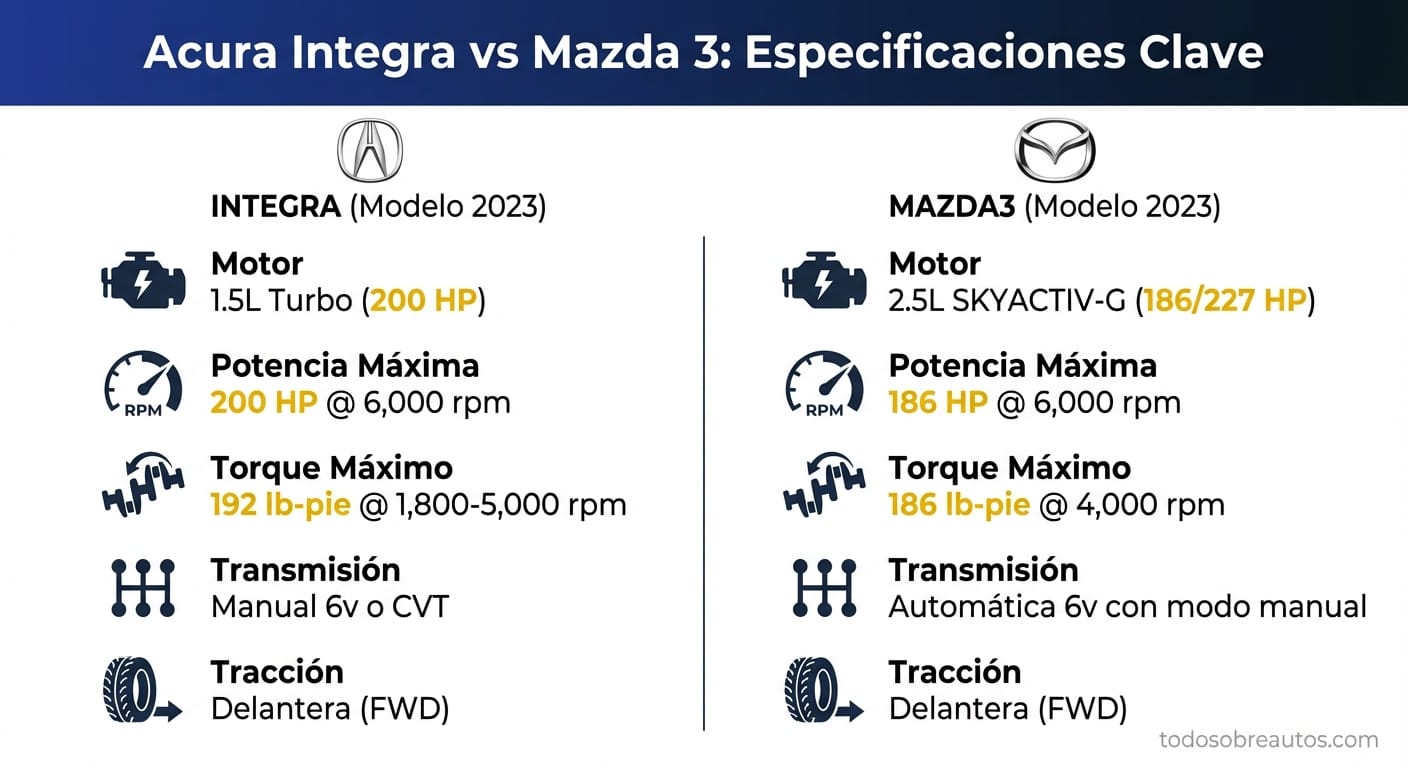 Infografía comparativa de especificaciones técnicas: Acura Integra vs Mazda 3 Hatchback