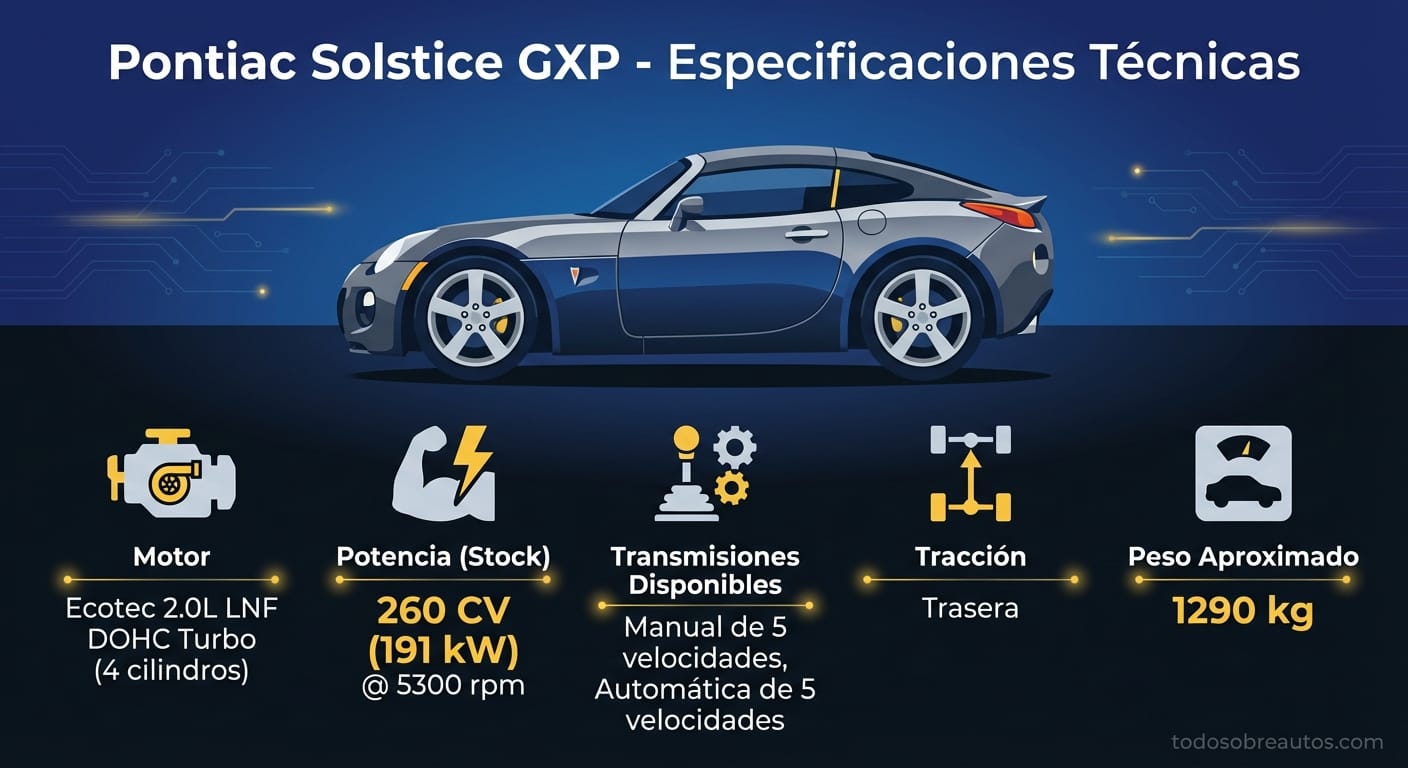 Infografía de especificaciones técnicas del Pontiac Solstice GXP