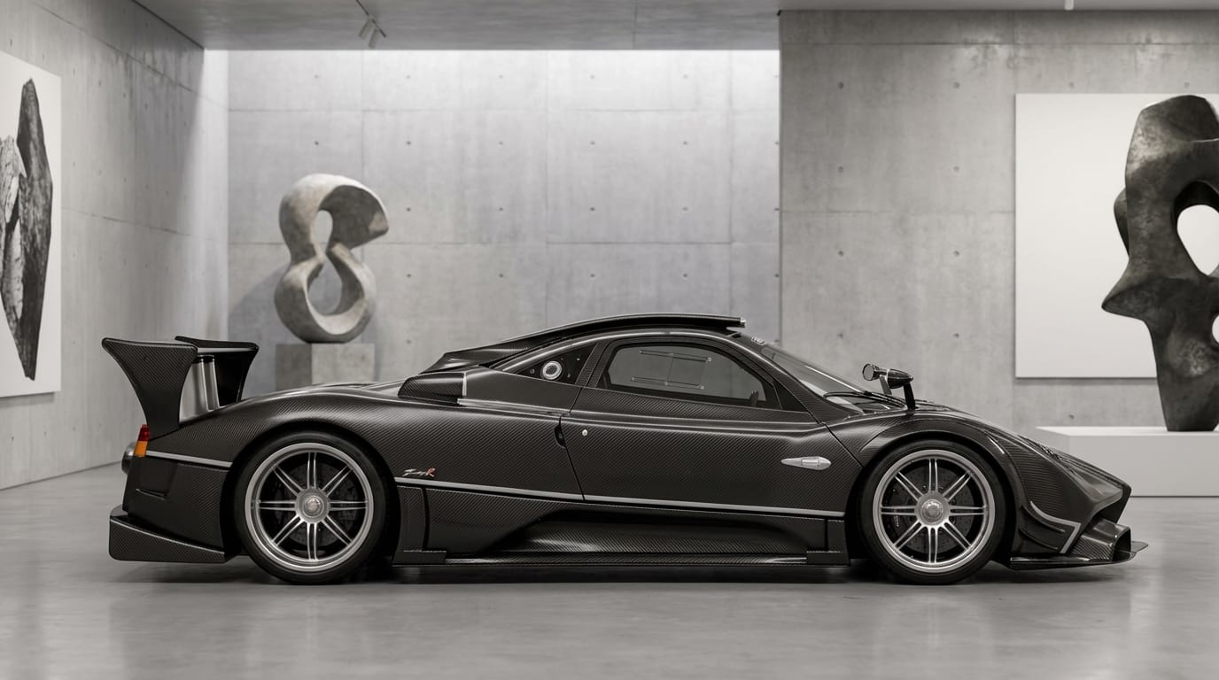 Pagani Zonda - Perfil lateral destacando su diseño escultural y detalles en fibra de carbono