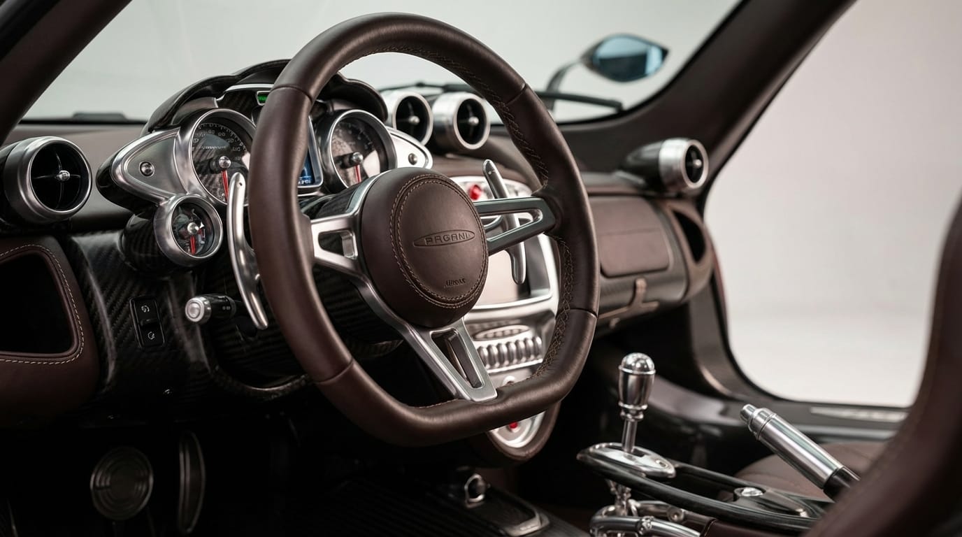 Pagani Huayra - Detalle del interior con volante de cuero cosido a mano y palanca de cambios de aluminio pulido