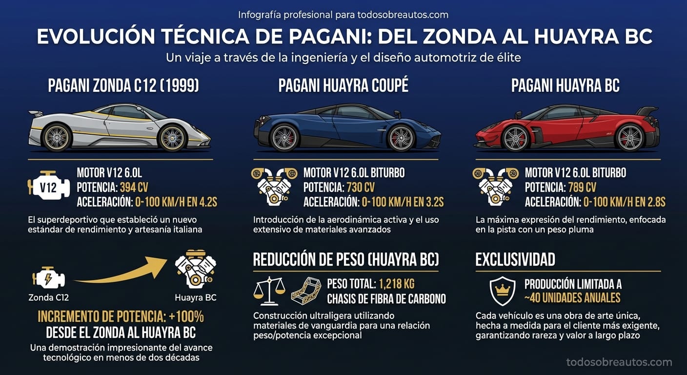 Infografía comparativa de especificaciones técnicas: Pagani Zonda vs Huayra vs Huayra BC