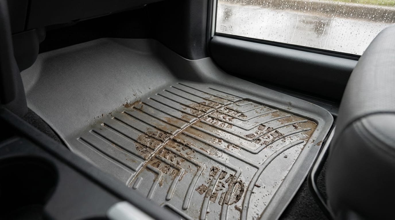 Tapetes WeatherTech conteniendo agua y barro en condiciones reales de lluvia