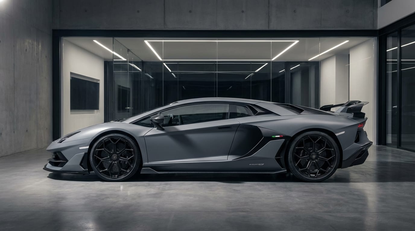 Lamborghini Aventador Ultimae - Perfil lateral mostrando sus líneas aerodinámicas y diseño distintivo