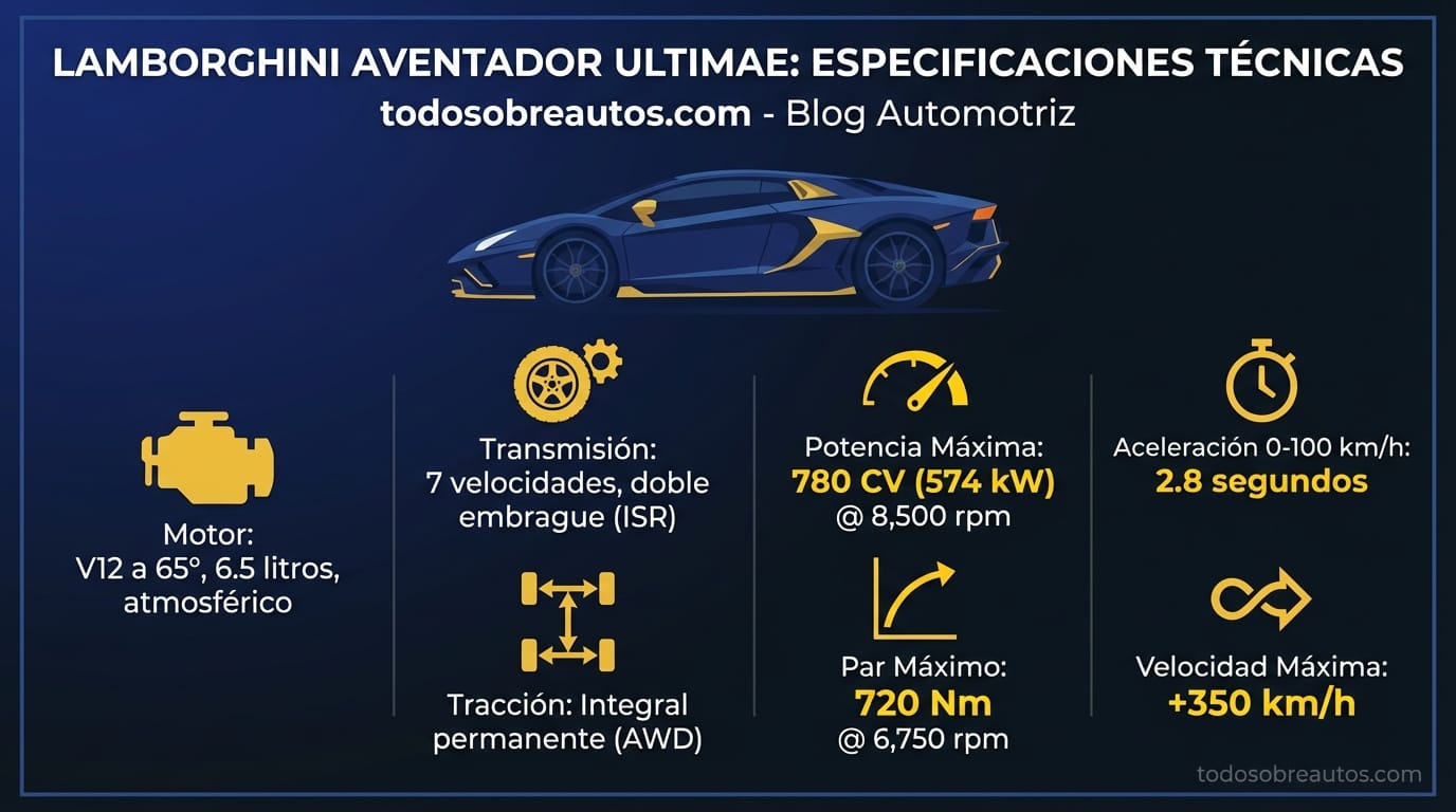 Infografía de especificaciones técnicas del Lamborghini Aventador Ultimae