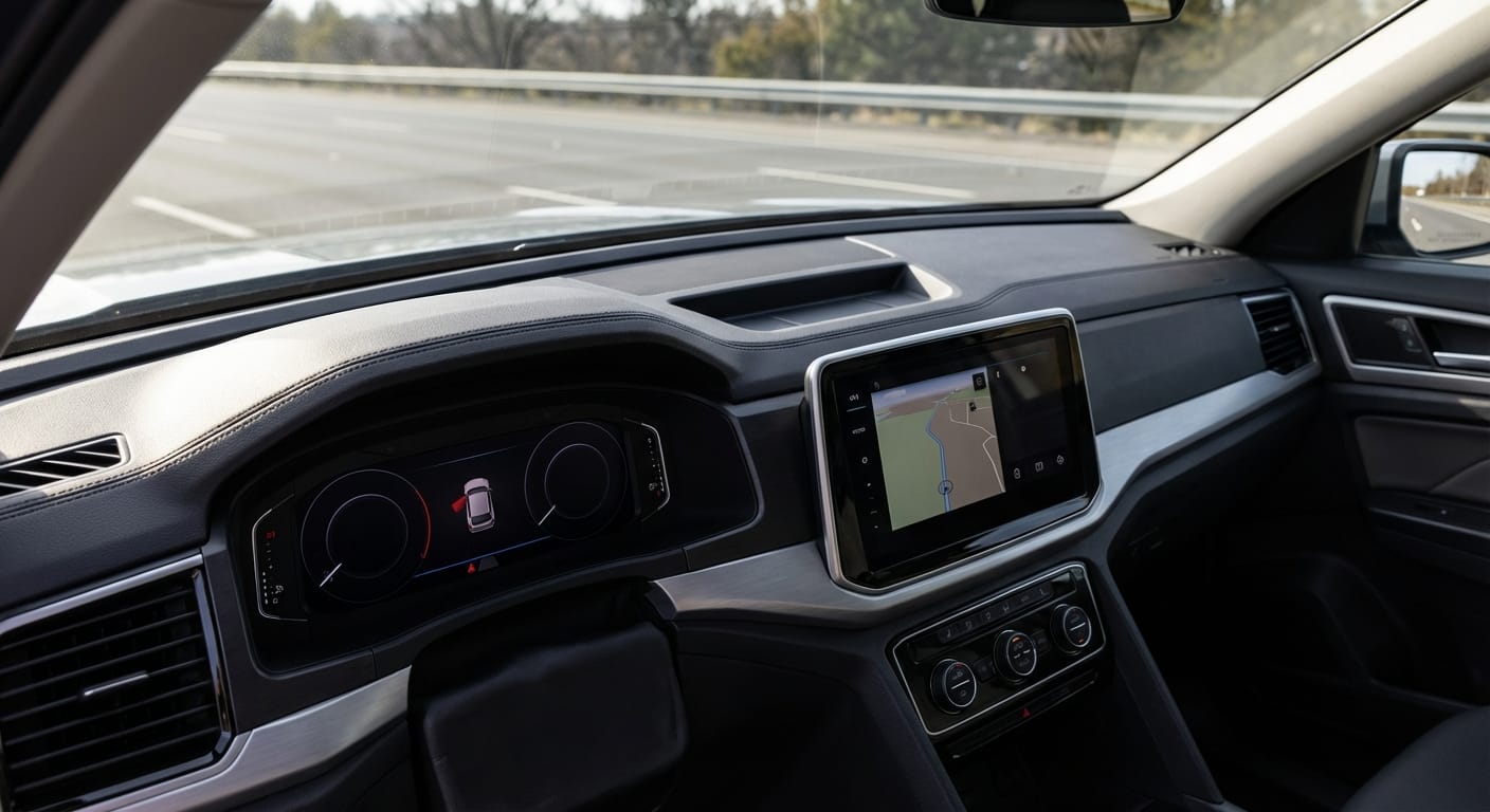 Interior y tecnología del Volkswagen Tera 2026 mostrando pantallas digitales y diseño minimalista alemán