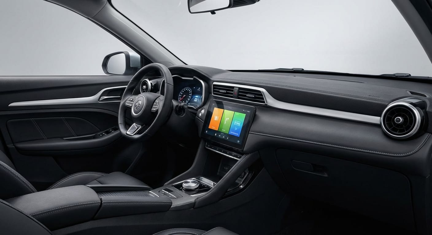 Interior del MG ZS HEV 2026 con pantalla táctil central, cuadro de instrumentos digital y materiales de mayor calidad