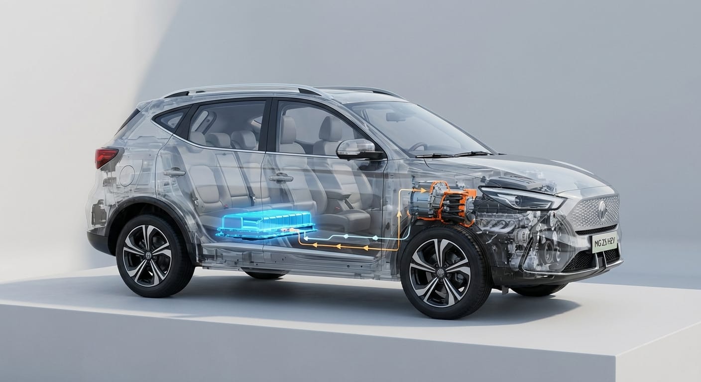 Diagrama técnico del sistema Hybrid+ del MG ZS 2026 mostrando batería, motor eléctrico y flujo de potencia