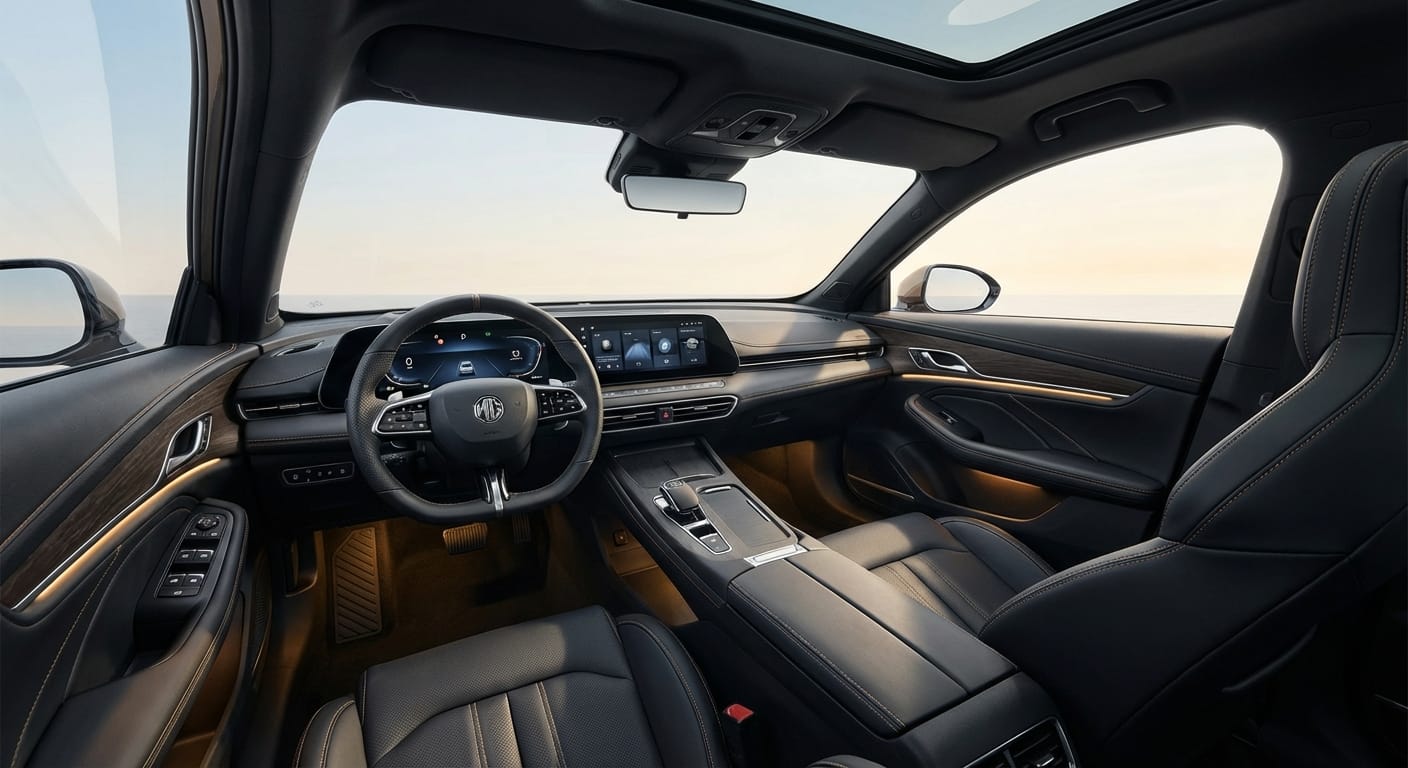 Vista del cockpit del MG MG7 2026 mostrando la pantalla curva digital de 33 pulgadas y diseño centrado en el conductor