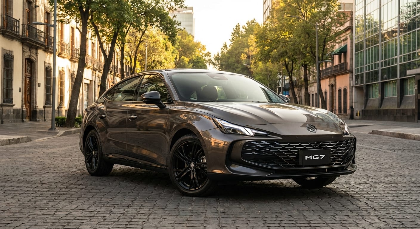 MG MG7 2026 versión Black Label en calles urbanas de Ciudad de México, mostrando su diseño frontal deportivo