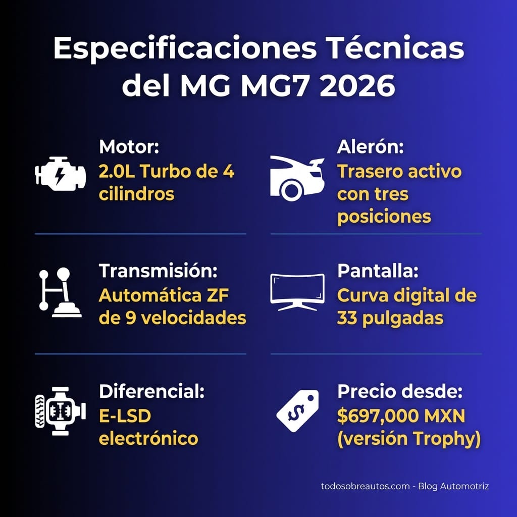Infografía: Especificaciones Técnicas del MG MG7 2026